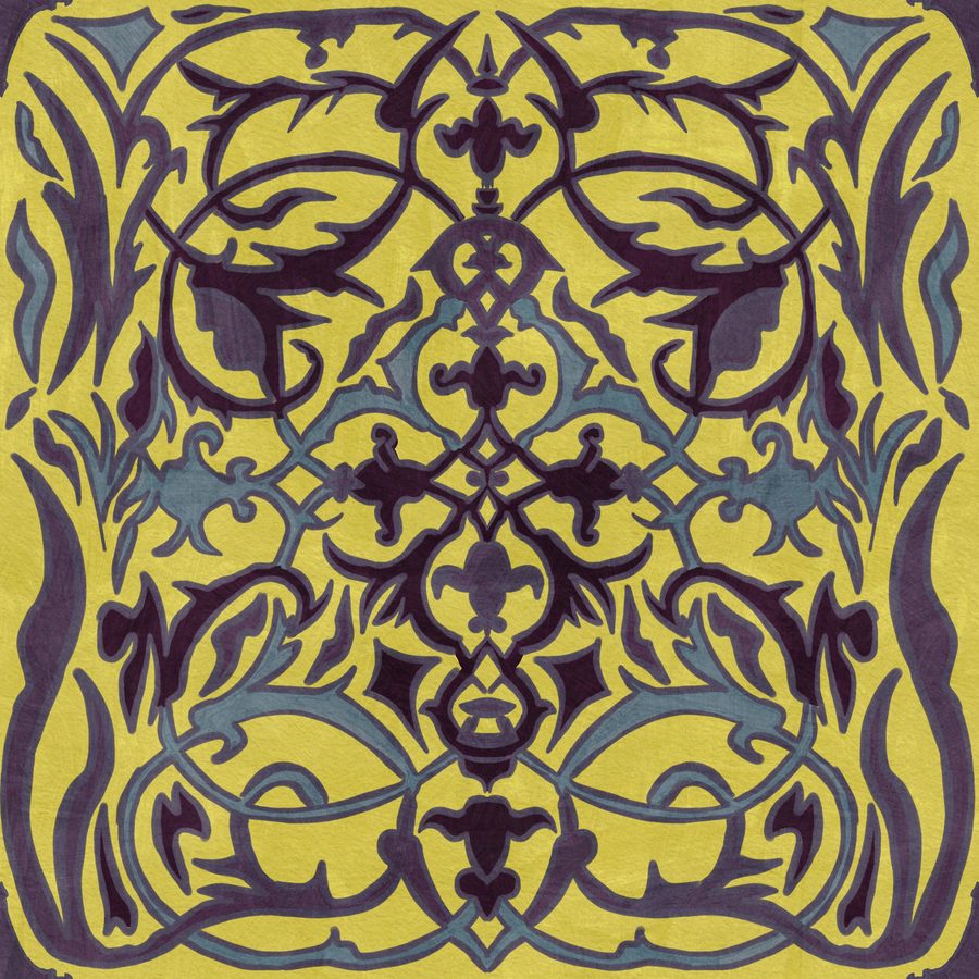 Purple and slate arabesque scrollwork on mustard yellow