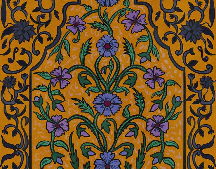 Purple flowers on twisting black vines over ochre