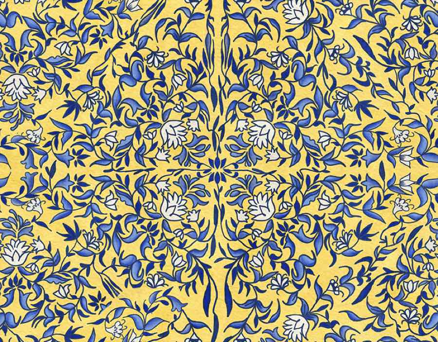 Fine blue florals on pale yellow