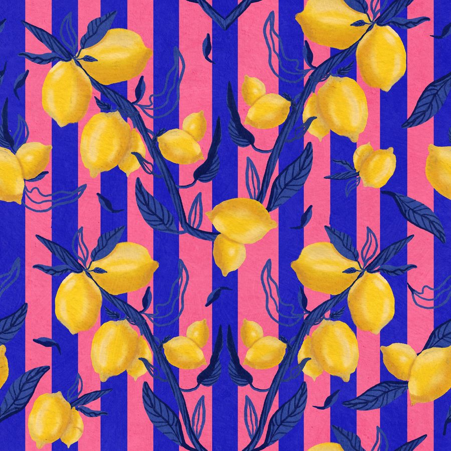 Yellow lemons on cobalt branches over pink and blue stripes