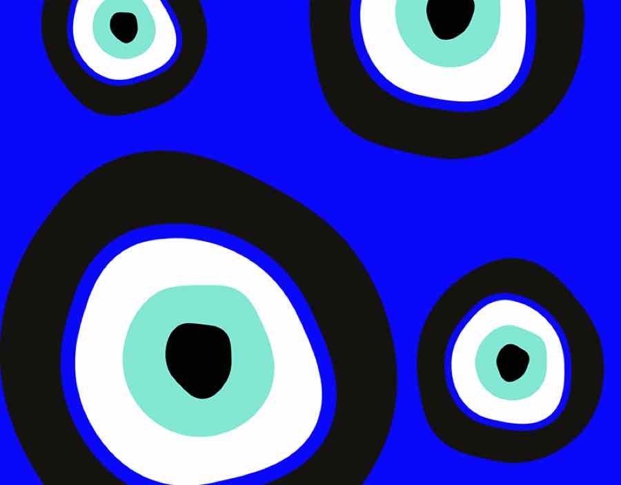 Bold evil-eye nazars on bright blue