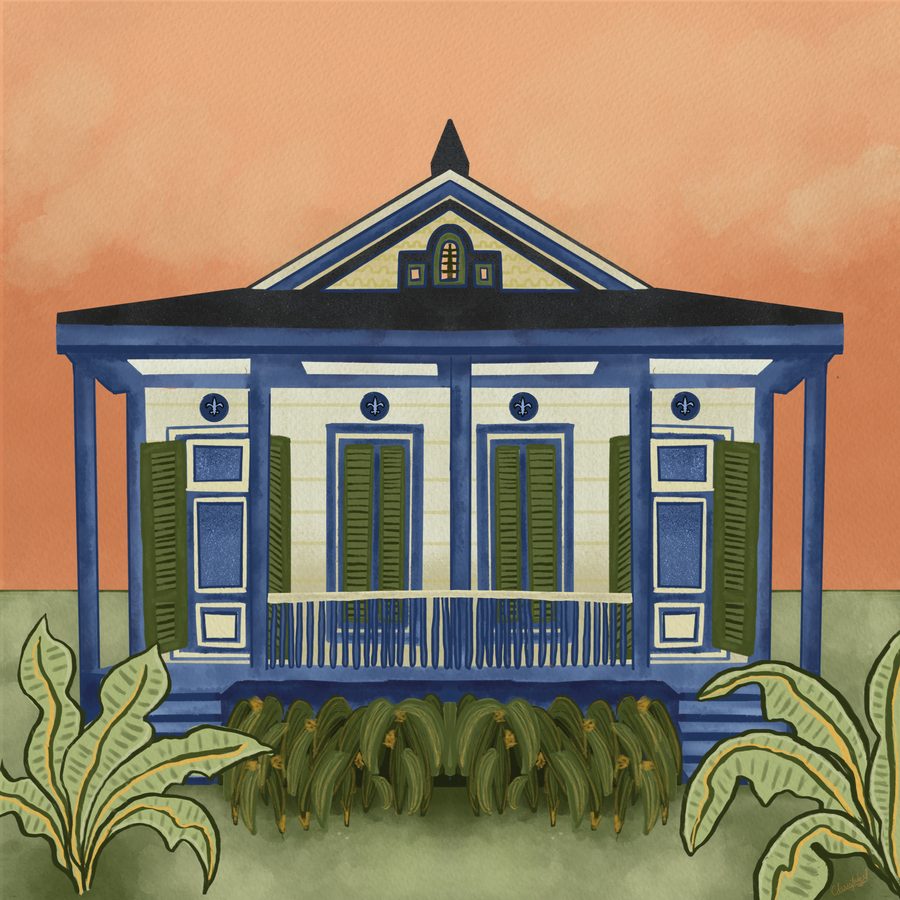 A blue and cream New Orleans cottage with green shutters and a porch among tropical leaves