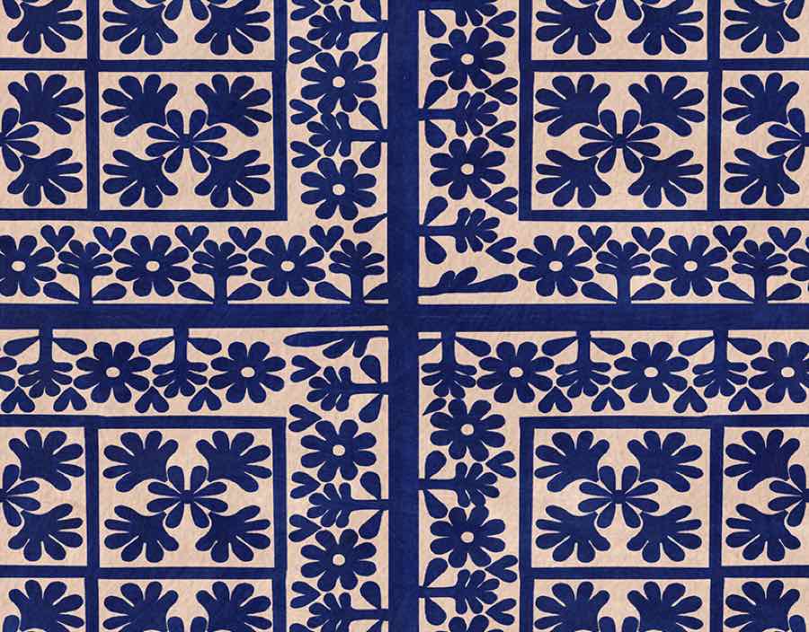 Navy floral cut-outs in a quilted grid on cream