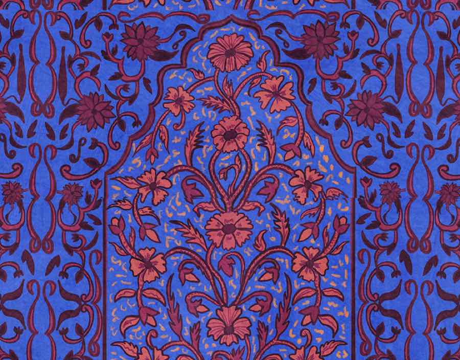 Coral flowers on a blue arched floral panel