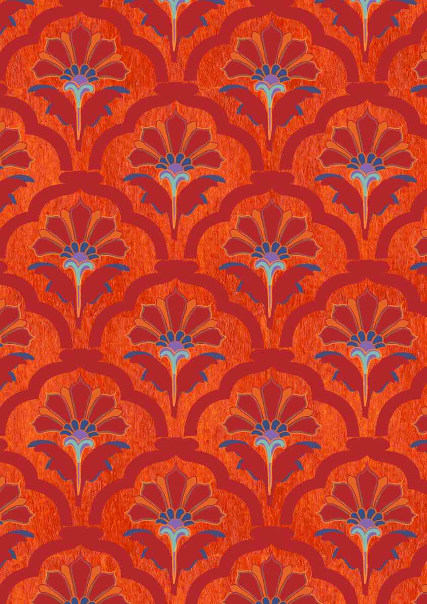 Red scalloped palace pattern with blue and pink flowers