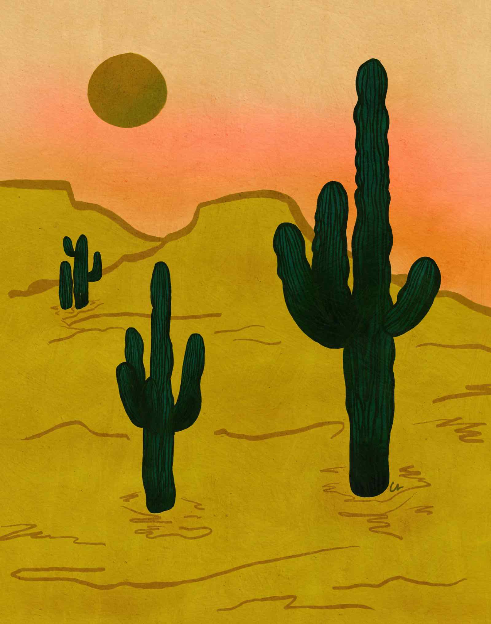 A gouache painting of saguaro cacti in the desert under an orange sun and a peach sky