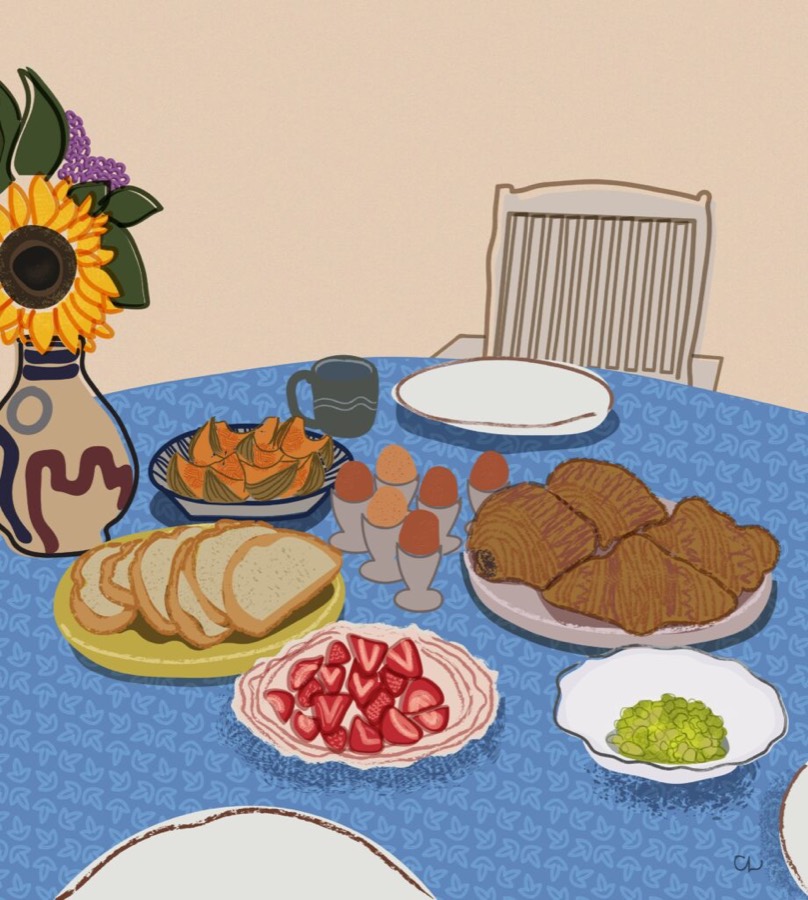 Gouache still life of a breakfast table with bread, strawberries and a blue tablecloth