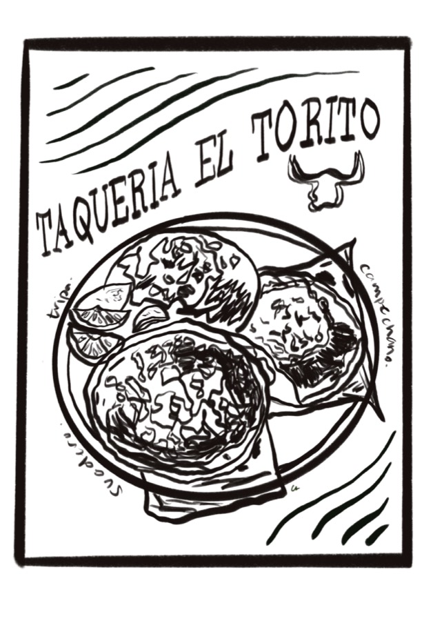 Black ink drawing of tacos on a plate for Taqueria El Torito