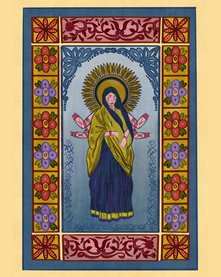 Illustration of a robed figure with a golden halo inside a Talavera-style floral border